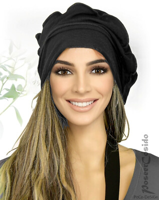 PoCo DeSiGn° LAGENLOOK Ballon-Mütze Beanie Slouch Chemo-Cap Edel-Jersey schwarz