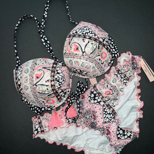Victoria's Secret 34D BIKINI ruffle Bottom PINK BLACK gold Foil ICONIC PAISLEY
