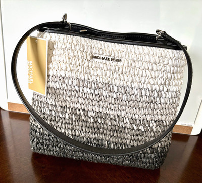 MICHAEL KORS PRATT MEDIUM WOVEN BUCKET SHOULDER BAG STRAW TOTE MK BLACK OMBRE