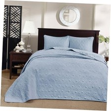 Quebec Reversible Quilt Set Damask Design, Double Sided Queen Blue Bedspread