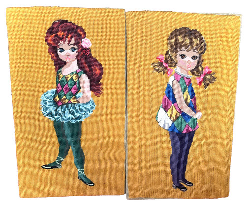 VTG Pair Needlepoint Big Eye Harlequin Ballerinas Midcentury Wall Art Finished