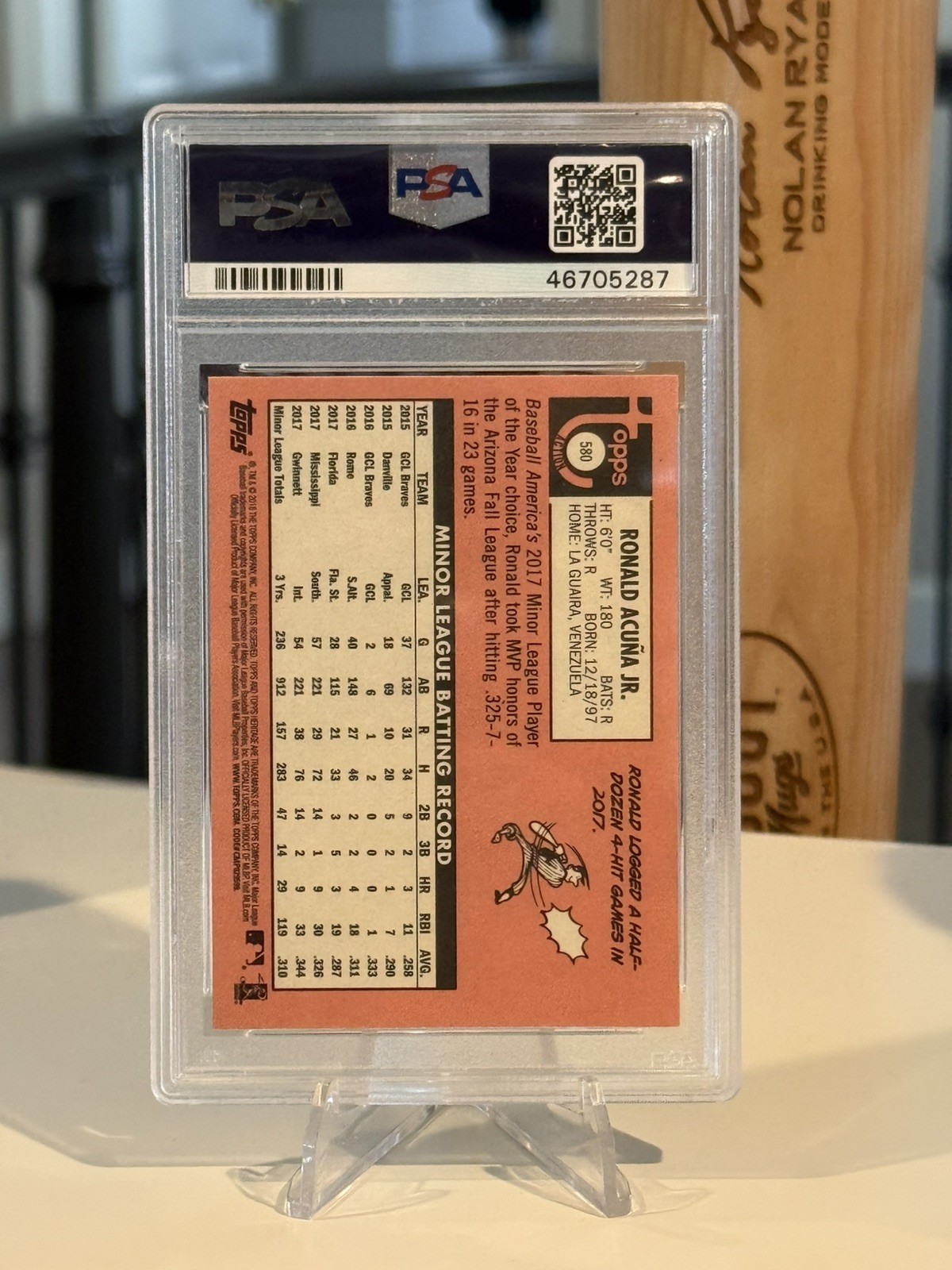 Topps 2018 Heritage Ronald Acuna Jr RC Action Variation #580 PSA 10 view 3