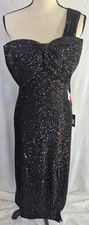 Mac Duggal IEENA 11286 Sz 16 Black Sequin One Shoulder Midi Dress Bow Front NWT