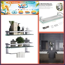 NEW Glass Bathroom Shelf 15.7in Wall Mounted 2 Tier with Towel Bar Silver