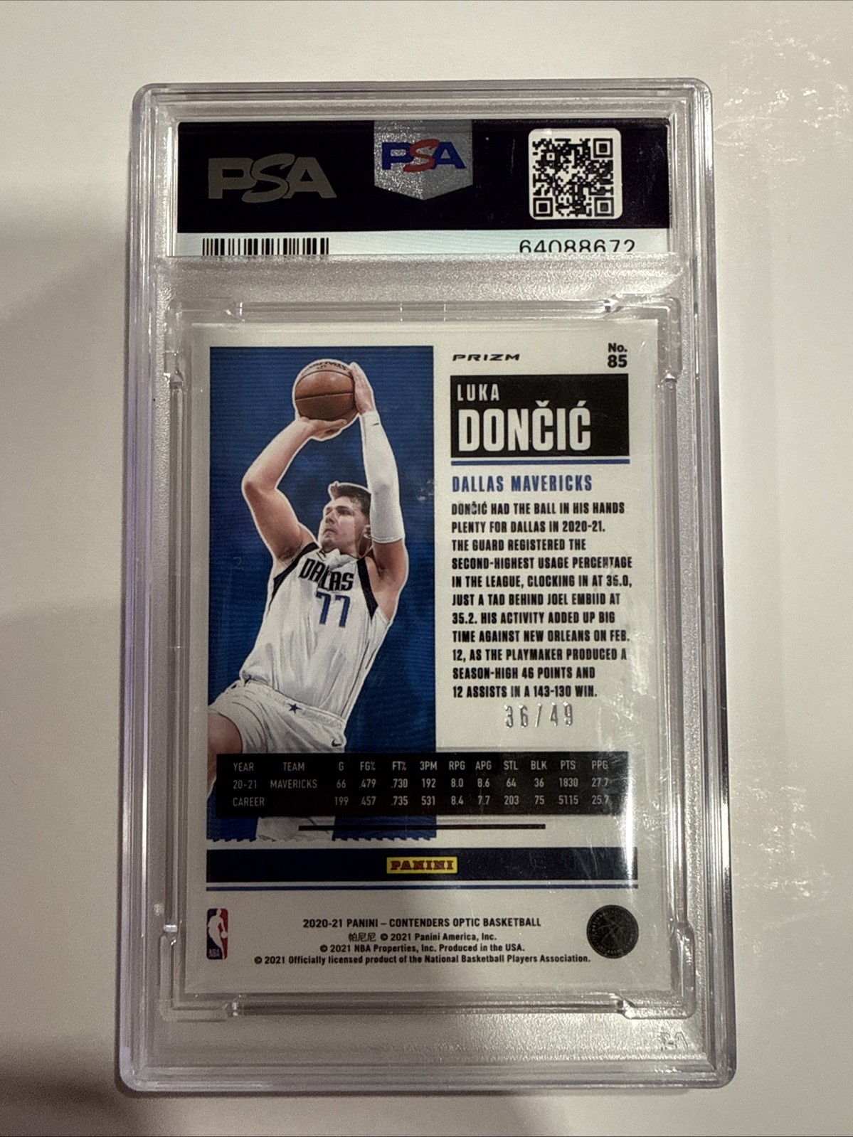 2020-21 Contenders Optic Season Ticket Orange Luka Doncic Mavericks 38/49 PSA 9 view 2