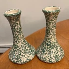 2 Green 5 1/2" Vases Roseville Spongeware Pottery Workshop Gerald E Henn Signed