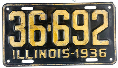 Vintage Illinois 1936 Auto License Plate 36-692 Garage Man Cave Pub Wall Decor