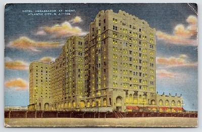 Hotel Ambassador at Night Atlantic City New Jersey NJ Linen Postcard Posted 1948