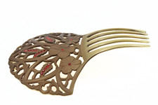 Splendid Antique Art Deco Celluloid Dogwood Flower Red Paste Glass Hair Comb