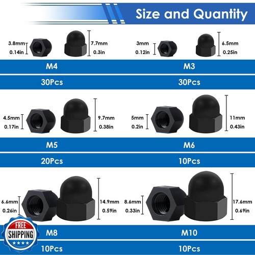 smseace 110Pcs 6-Sizes Hex Acorn Cap Nuts Assortment Kit - M3/ M4/ M5/M6/M8/M - Picture 2 of 5