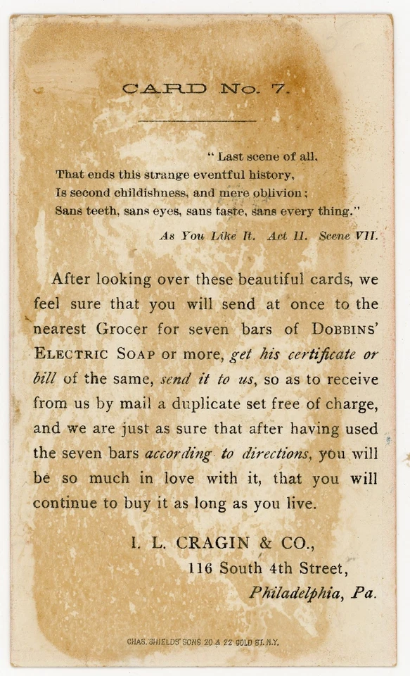 c1880s Victorian Trade Card Dobbins’ Electric Soap Shakespeare Theme Card No. 7 - Image 2 of 2