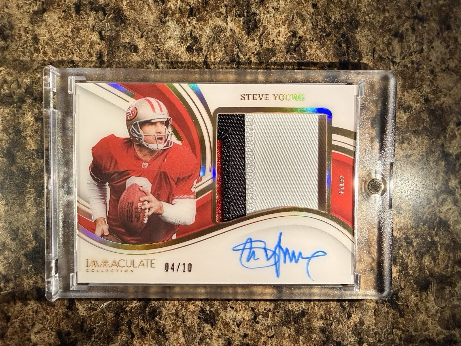 2023 Panini Immaculate Football Steve Young SP Gold /10 3 Color Patch Auto 49ers view 1