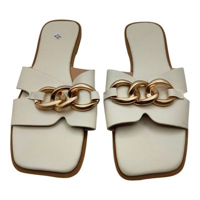 Flache Damen-Sandale cremefarben & goldfarben Kettendetail quadratisch offene Zehenpartie Slipper Größe 4 UK