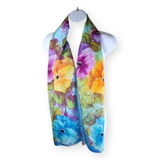 Adron Watercolor Blue Yellow Pink Silk Narrow Rectangle Scarf