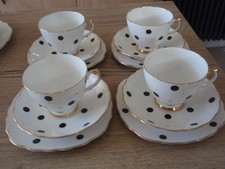 Vintage Royal Vale Black Polka Dot Bone China Cups & Saucers x 4
