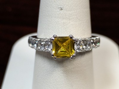 Heavy Sterling Silver Cathedral style yellow white princess cut CZ ring size 7