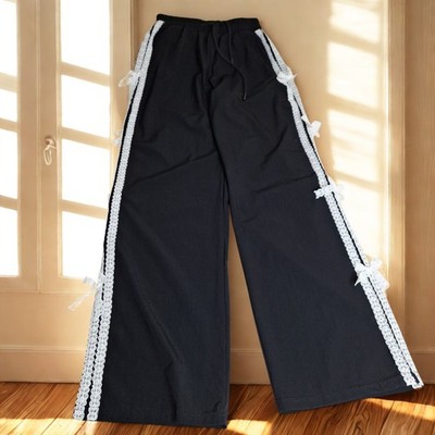 Whimsigoth Casual Free Haven Lace Tied Black Athleisure Pants Festival Rave XS