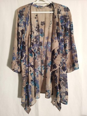 Daniel Rainn-Taupe Brown Blue Floral Semi-Sheer Ruffle Front Open Front Top-1X