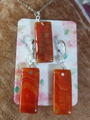 3Pc SET DRAGON VEINS AGATE BLOWN GLASS PENDANT & EARRINGS ORANGE 