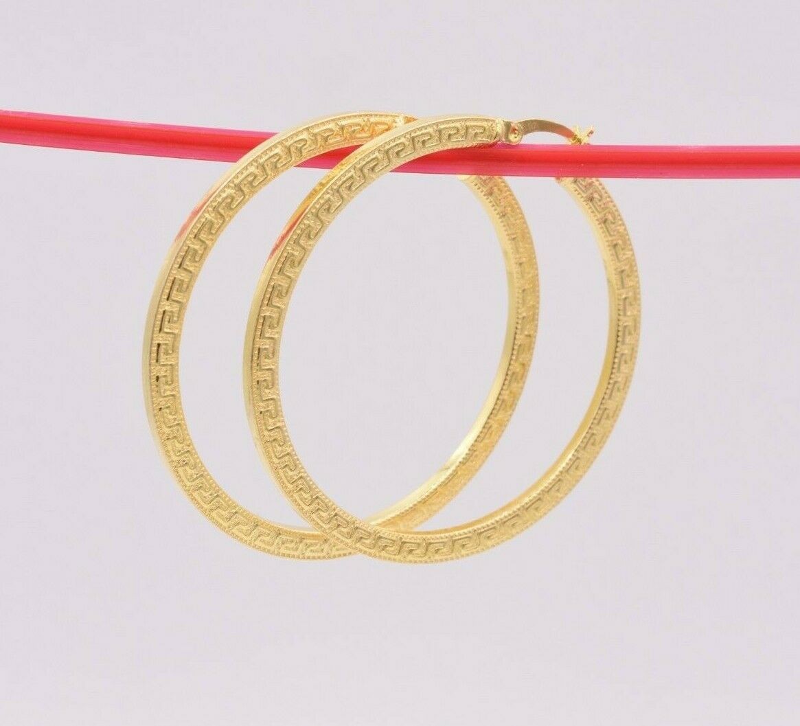 4.4cm 45mm Plano Clave Griega Motivo Aro Pendientes 14K Amarillo Chapado en Oro