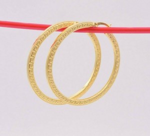 Authentic 1 3/4" 45mm Flat Greek Key Motif Hoop Earrings 14K Yellow Gold-Plated Silver 925