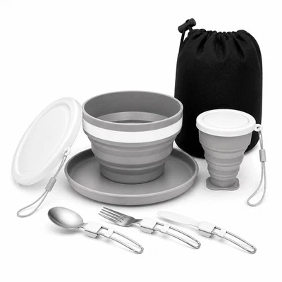 6 teiliges Camping Geschirrset faltbar mit Edelstahl Besteck (Messer Löffel - Bild 1 von 3