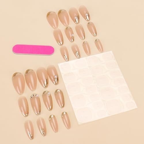 24Pcs Gold French Tip Press on Nails Medium Almond French Tip Nails Almond -20