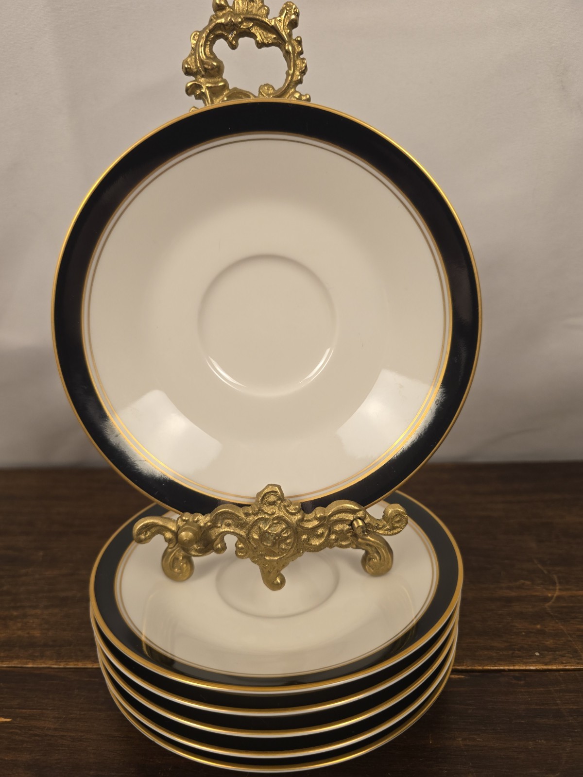 Set Of 6 Noritake Ivory & Ebony Ivory China Black/Gold Trim Saucer Plates 10.5