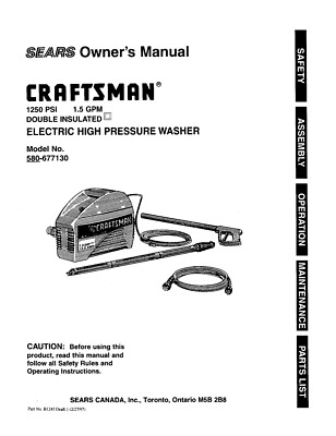 Owners Manual & Parts List Craftsman 1250 PSI Pressure Washer -Model ...