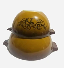 Pyrex Old Orchard Fruits Nesting Bowls Set of 2 Brown/Orange #441 & 442 Vintage