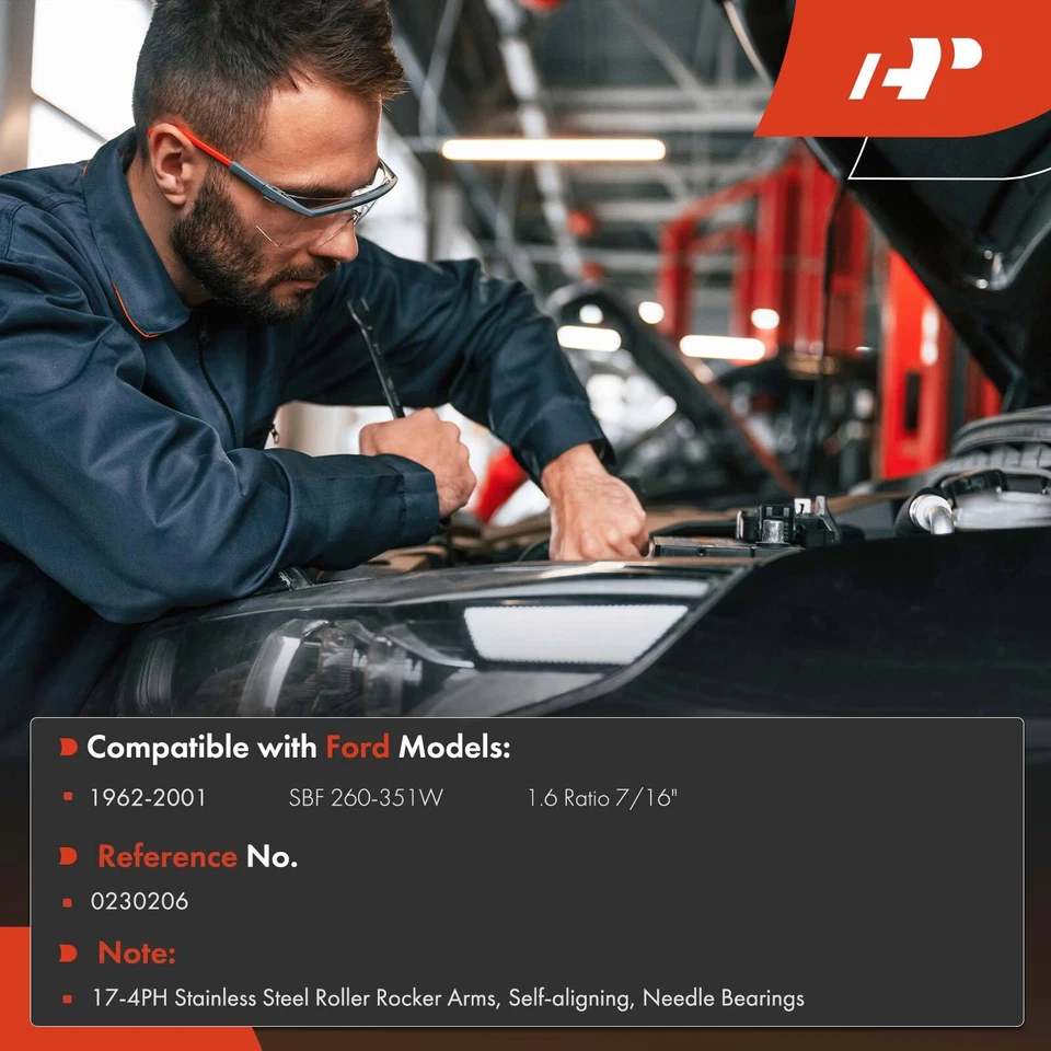 A-Premium 16x 17-4 PH Roller Rocker Arm for Ford SBF 260-351W 1.6 Ratio 7/16" - Image 2 of 4