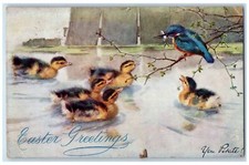 1909 Easter Greetings Chicks Birds Maiden CT Oilette Tuck Art Postcard