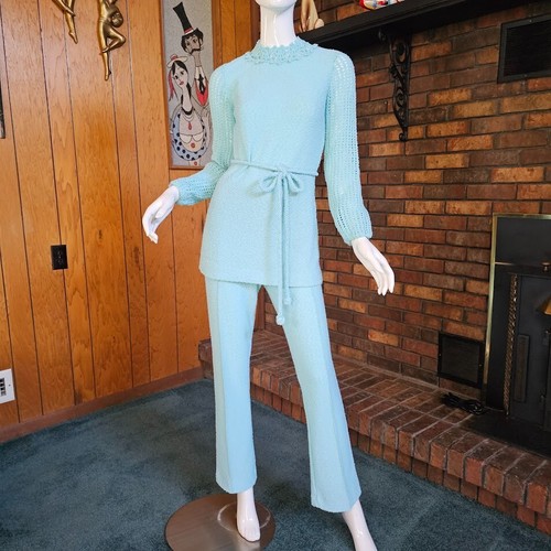 Vtg 60s 70s Mod Youthquake Powder Blue Boucle Knit Tunic Top Dress Pantsuit M - Picture 2 of 10