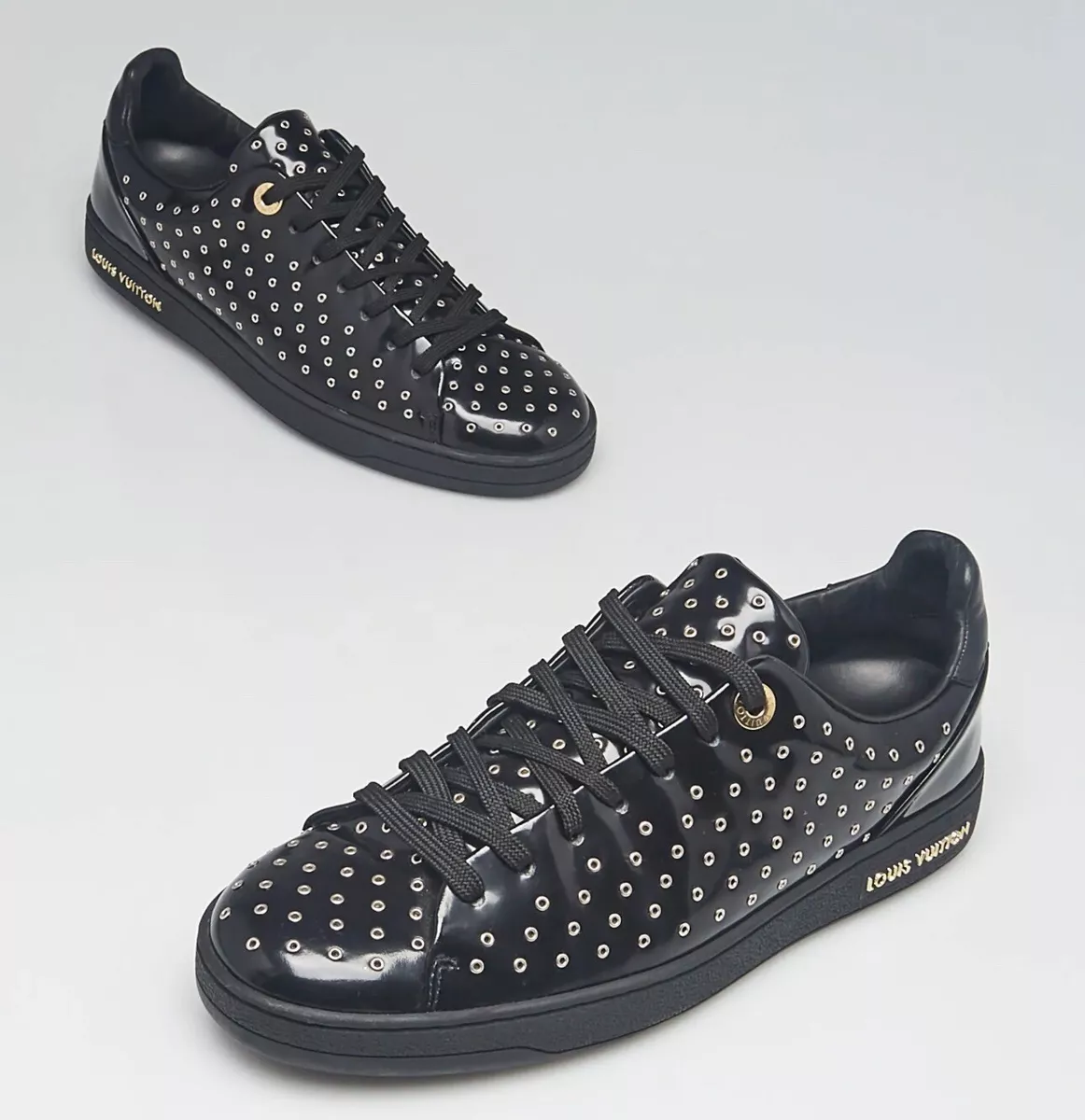 Auth Louis Vuitton Sneakers Black Patent Leather Gold Grommet