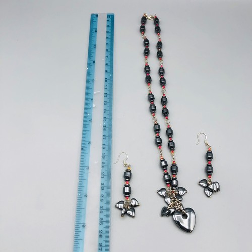 Silver Azabache & Coral Beads Blackamoor Heart cylinderical Necklace & earing - Picture 2 of 4