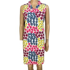 Talbots Petite Floral Shift Dress Ruffle Neck Eyelet White Multi Sleeveless 10P