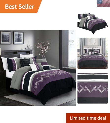 Ropa de cama contemporánea bordada de 7 piezas - Juego de edredón Queen con rayas