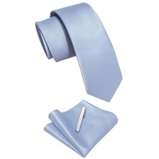 Skinny Tie and Pocket Square Tie Clip Sets for Men Satin Slim Neckties Sky Blue