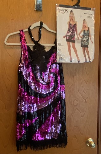 SEQUIN FLAPPER DRESS COSTUME BY CHARADES BLACK & FUCHSIA XS WITH HEADBAND. VGC - Picture 1 of 10
