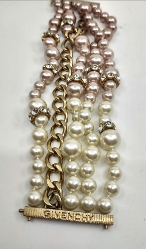 Bracciale vintage Givenchy multifilo perle finte tono oro catena maglia passerella. - Foto 3 di 20