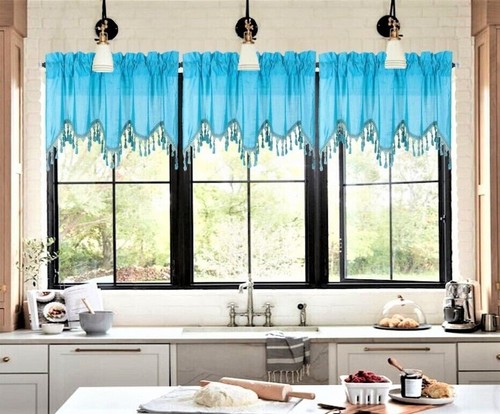 1PC BONITA SOLID COLOR SHEER WAVY VALANCE WINDOW CURTAIN W/BEAD TRIM CASCADING - Picture 75 of 94