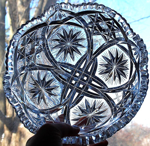 EARLY Antique ABP American Brilliant Period STAR/Xs Hand Cut CRYSTAL BOWL Heavy