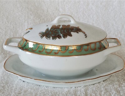 Kalk Eisenberg Porcelain Small Condiment Sauce Tureen La Vie En Rose Green Gold