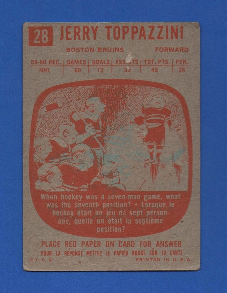 1960-61 TOPPS #28 JERRY TOPPAZZINI BOSTON BRUINS 60-61 NHL HOCKEY CARD - Image 2 of 2