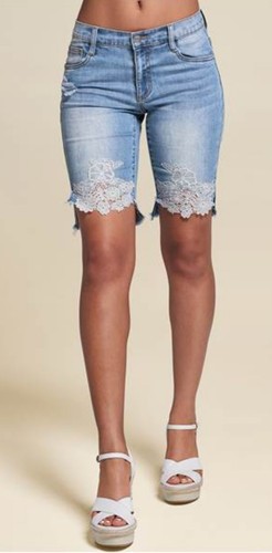 Venus Bermuda Shorts Blue Denim Jean Shorts with crochet Lace trim Womens Size 4