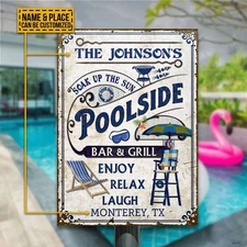 Personalized Pool Poolside Bar & Grill Classic Metal Sign Backyard Pool Decor 