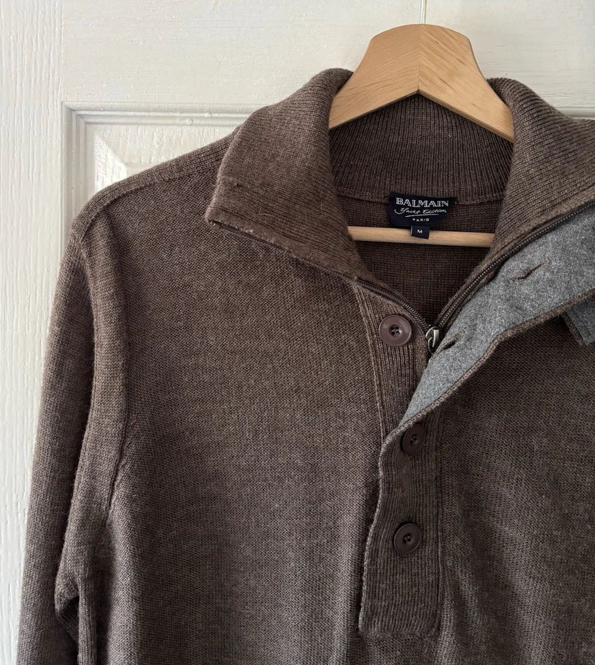 balmain jumper m medium brown yacht edition wool 1/4 zip collared - Image 3 of 4