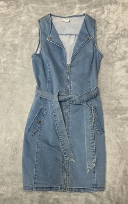 guess denim dress with belt G by Guess Blue Denim Stretch Zip Front Mini Dress Size XS Tie At Waist