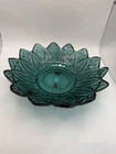 Teal Green Blue Federal Glass Bowl Plate 1960's Vintage 14 Pedals 8 3/8"t 2"d