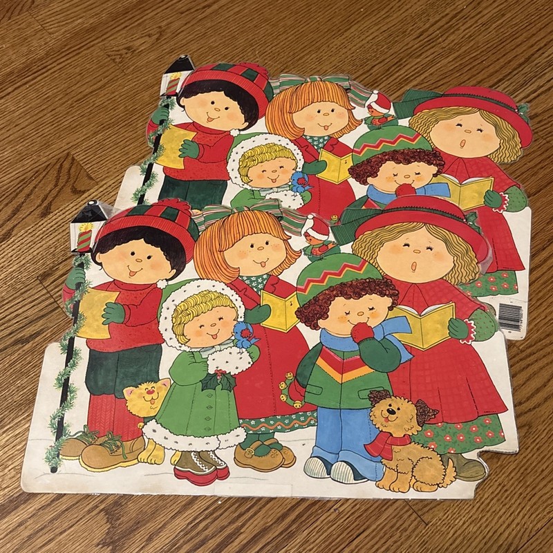 Set of 2 Eureka Christmas Die Cut Caroling Children 2 Side Print 12”x9.5” Vtg